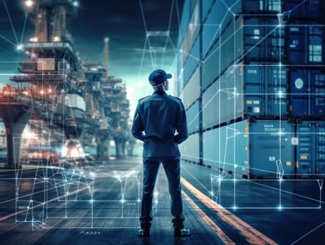 A businessman looking at the virtual interface panel of the global logistics network for distribution and transportation, Smart Logistics. Generative AI.