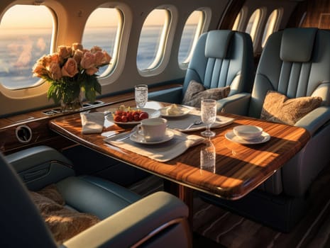 A private airplane in the style of modern luxury with light blue leather seats, a tray table and dining set, overlooking the sky through a window. Generative AI.