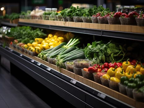 Close-up photo of a shelf of fresh vegetables in a supermarket, bright colors and light from bulbs. Generative AI.