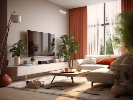 Living room Scandinavian style with a TV on the cabinet, a sofa, and expansive windows, decorate the room with green plants. Generative AI.