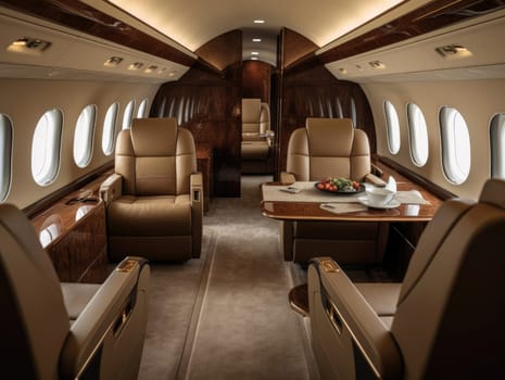 A business jet sitting with tables and other seating in the style of dark beige and brown, modern and luxury. Generative AI.