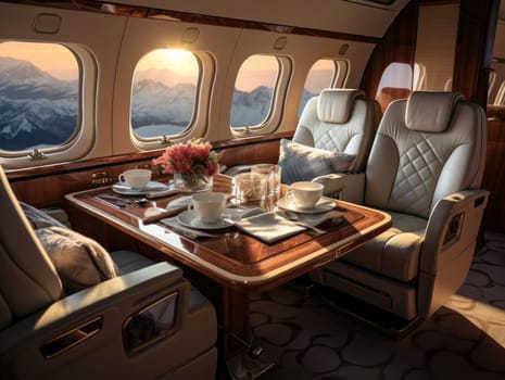 A private airplane in the style of modern luxury with white leather seats, a tray table and dining set, overlooking the sky through a window. Generative AI.