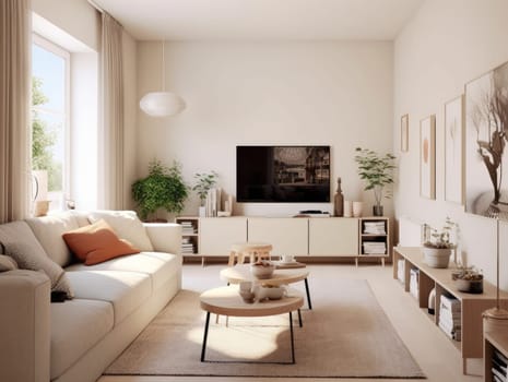 Scandinavian-style living room design with a modern television cabinet and wall decorations of picture frames. Generative AI.