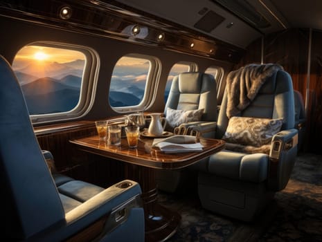 A private airplane in the style of modern luxury with white leather seats, a tray table and dining set, overlooking the sky through a window. Generative AI.
