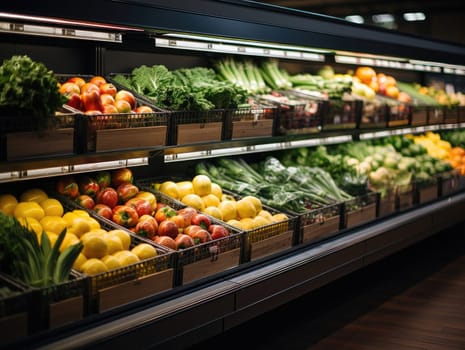 Close-up photo of a shelf of fresh vegetables in a supermarket, bright colors and light from bulbs. Generative AI.