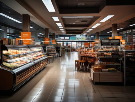 Supermarket store interior with shelves and display cabinet glass, a long corridor along the way, and light bulbs on the ceiling. Generative AI.