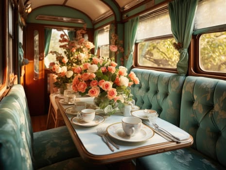 The interior of the train with a table, seats in light green, a flower vase on the table, and romantic scenery. Generative AI.