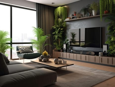 Living room Scandinavian style with a TV on the cabinet, a sofa, and expansive windows, decorate the room with green plants. Generative AI.