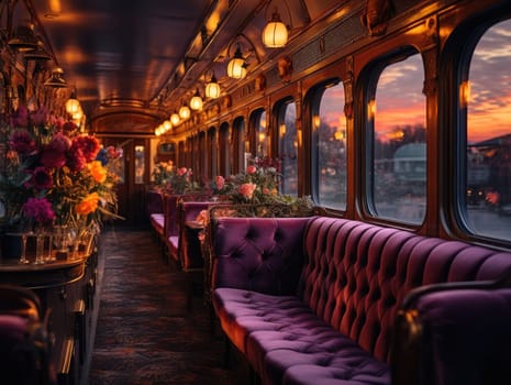 Velvet sofa inside a train car in the style of luxury, with flower vase, light from lamps to illuminate in the evening atmosphere. Generative AI.