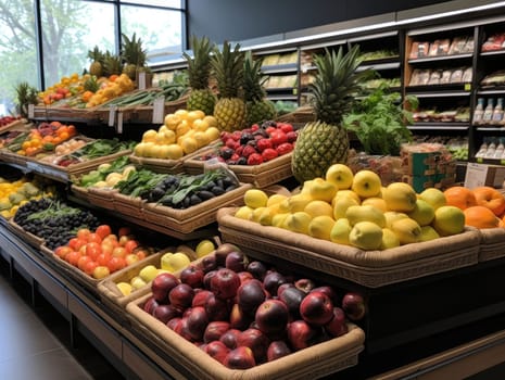 Close-up photo of a shelf of fresh fruits in a supermarket, bright colors and light from bulbs. Generative AI.