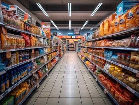 an inside of a supermarket with a snack display rack, a long corridor, and light bulbs on the ceiling. Generative AI.