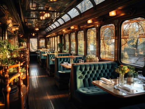 In a room of a train car in the style of intricate woodwork with tables and velvet seats, sunlight shines through windows. Generative AI.