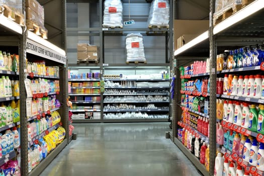 Moscow, Russia - July 10. 2023. Cleaning and a detergent sales department in Selgros Cash and Carry shop