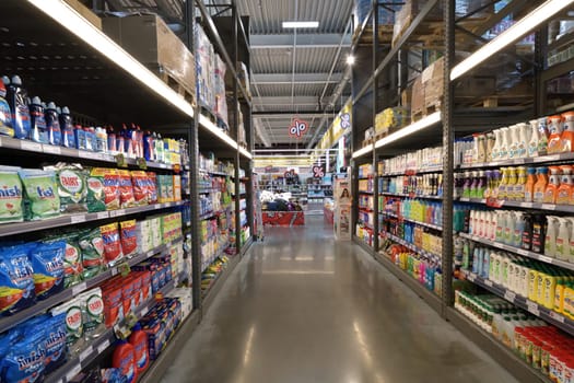 Moscow, Russia - July 10. 2023. Cleaning and a detergent sales department in Selgros Cash and Carry shop