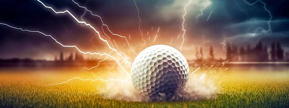 golf ball on green lawn, motion energy and lightning, banner made with Generative AI. High quality illustration