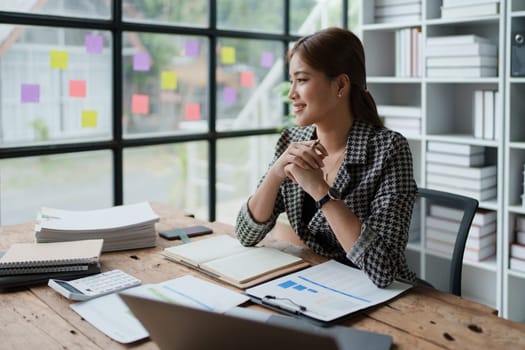 Business, finance and employment, female successful entrepreneurs concept. Confident smiling asian businesswoman, using laptop at work