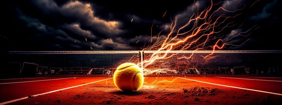 tennis ball and clay courts, motion energy and lightning, banner made with Generative AI. High quality illustration