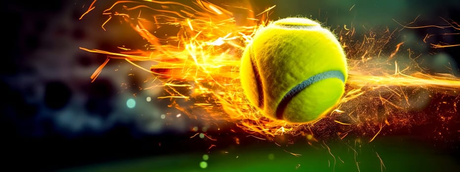 tennis ball and clay courts, motion energy and lightning, banner made with Generative AI. High quality illustration