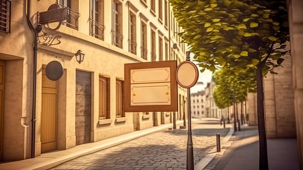 empty information board on city street, mockup, made with Generative AI. High quality illustration