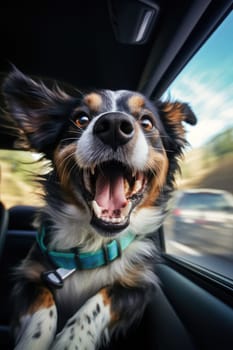 Road trip and vacation. Cute dog looking out of car window , AI Generated