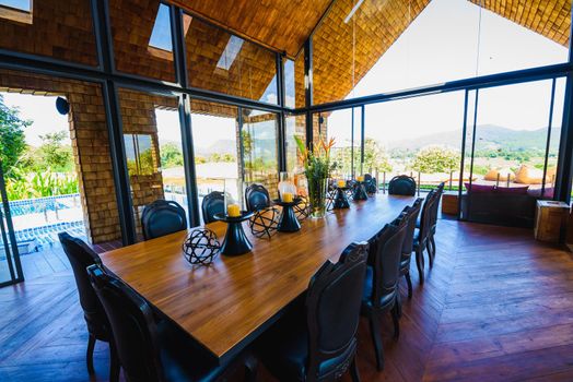 classic dining room wood table at resort