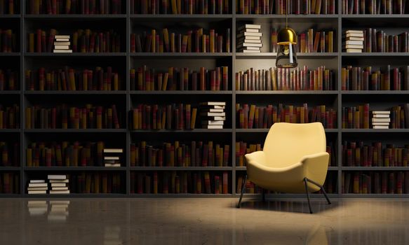 elegant reading room with a yellow sofa illuminated by a ceiling lamp. space for text. 3d rendering