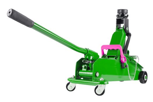 rised up green hydraulic car jack isolated on white background, 2 ton capacity