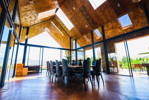 classic dining room wood table at resort