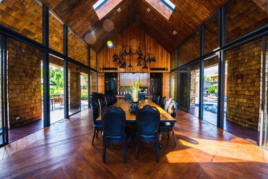 classic dining room wood table at resort