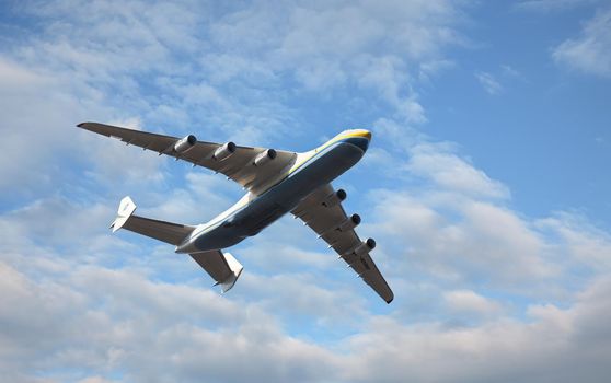 KYIV, UKRAINE - Aug 24, 2021: Celebrating the 30th anniversary of Ukraine independence. The plane Antonov 225 AN-225 Mriya, the biggest airplane in the world in the sky over Kyiv during the parade