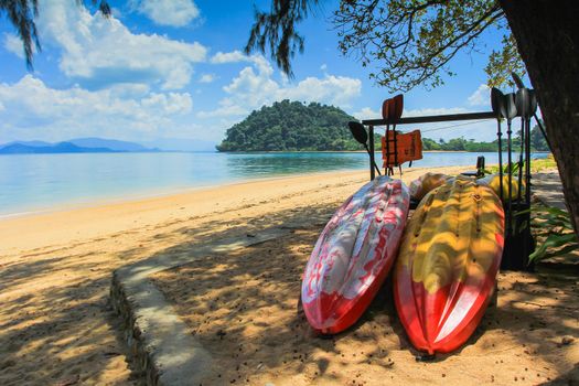 Sea Kayaks Stacked on Beach Under Palm Trees