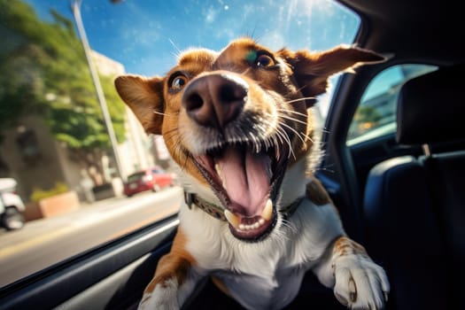 Road trip and vacation. Cute dog looking out of car window , AI Generated