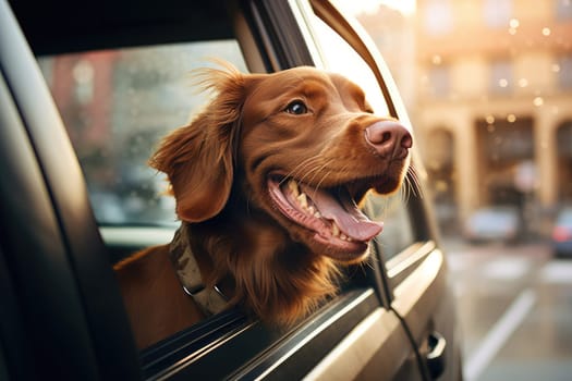 Road trip and vacation. Cute dog looking out of car window , AI Generated