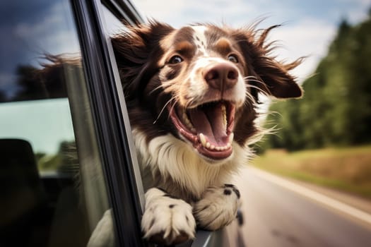 Road trip and vacation. Cute dog looking out of car window , AI Generated