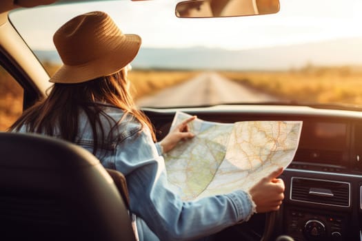 Travel, vacation and road trip. Woman traveling alone sitting in car with map, AI Generated .