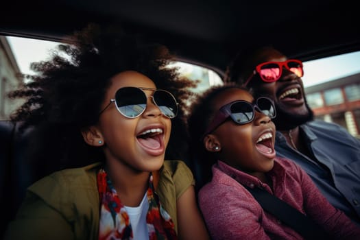 Road trip and vacation. Happy african american family of father and children in car driving on road, having road trip. AI Generative