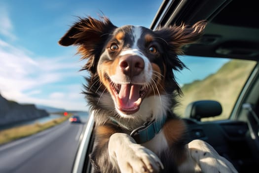 Road trip and vacation. Cute dog looking out of car window , AI Generated