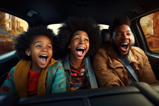 Road trip and vacation. Happy african american family of father and children in car driving on road, having road trip. AI Generative