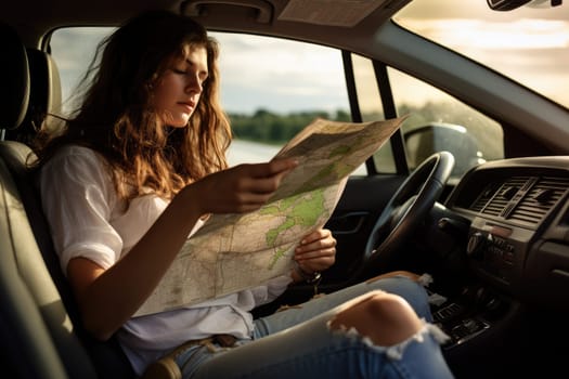 Travel, vacation and road trip. Woman traveling alone sitting in car with map, AI Generated .