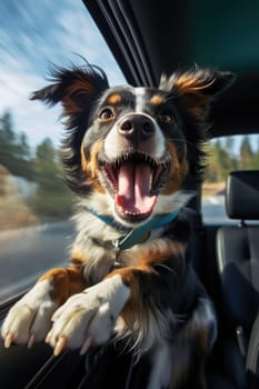 Road trip and vacation. Cute dog looking out of car window , AI Generated