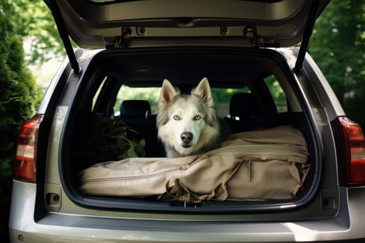 Road trip and vacation. Cute dog sitting in trunk of a car with luggage, AI Generated