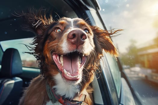 Road trip and vacation. Cute dog looking out of car window , AI Generated