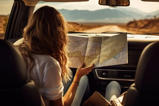Travel, vacation and road trip. Woman traveling alone sitting in car with map, AI Generated .