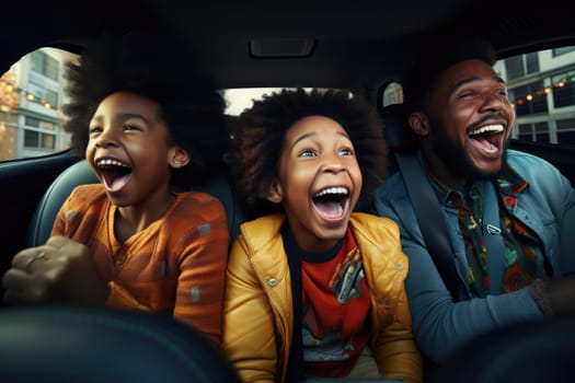 Road trip and vacation. Happy african american family of father and children in car driving on road, having road trip. AI Generative