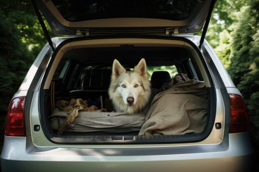 Road trip and vacation. Cute dog sitting in trunk of a car with luggage, AI Generated