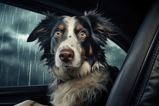 Road trip and vacation. Cute dog looking out of car window , AI Generated