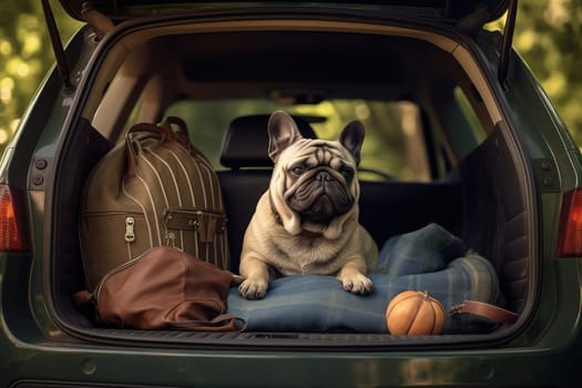 Road trip and vacation. Cute dog sitting in trunk of a car with luggage, AI Generated