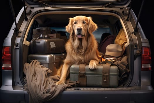 Road trip and vacation. Cute dog sitting in trunk of a car with luggage, AI Generated