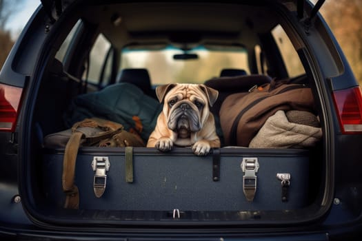 Road trip and vacation. Cute dog sitting in trunk of a car with luggage, AI Generated