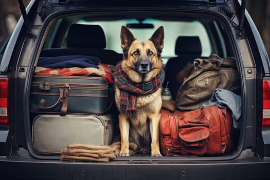 Road trip and vacation. Cute dog sitting in trunk of a car with luggage, AI Generated